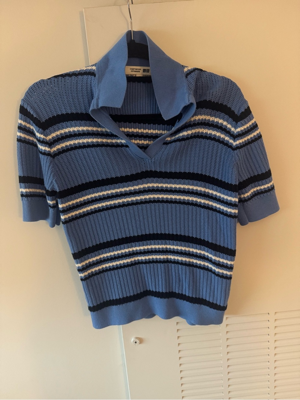 Comptoir Des Cotonniers Light Blue Striped V-Neck Polo Sweater